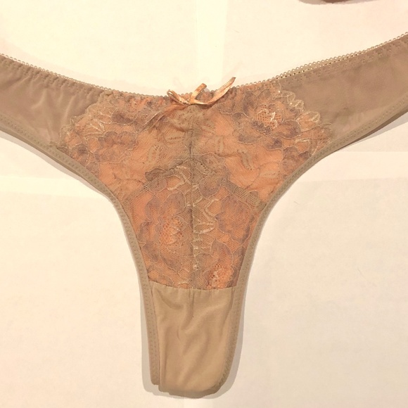 3/$32 VTG Y2K Khaki Mesh & Lace Over Peach Lining Sexy Thong Panties~7~NWT - Picture 2 of 6